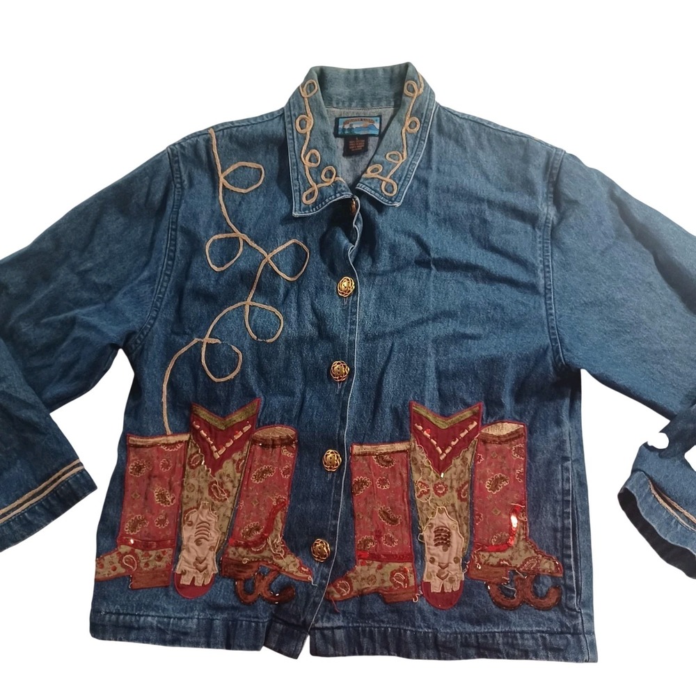 Shaver Lake Denim Jacket Womens S Blue Western Cowboy Boots Embroidered Paisley‎